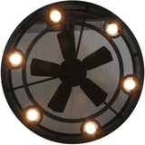 Bottom lit view showing fan blades and glowing circular lights.