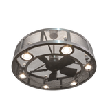 Bottom view featuring five fan blades and surrounding lit LED rings.