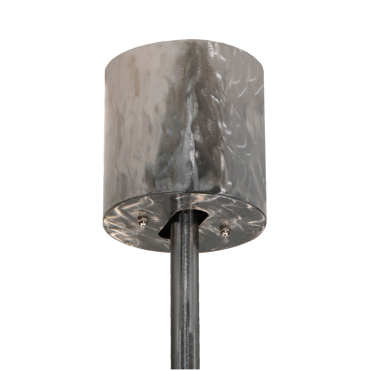 Closeup of polished hammered steel canopy and downrod mount.