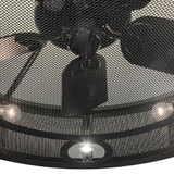 Close-up of mesh grille and fan blades on Paloma Golpe chandelier.