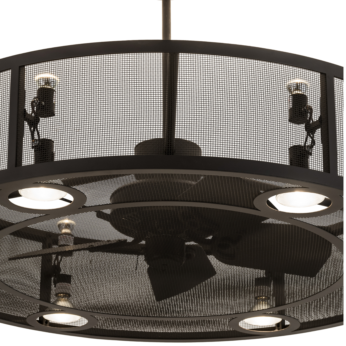 Closeup lit view showing light diffusion through bronze mesh panels.