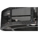 Closeup of black mesh grill and circular metal trim detailing.