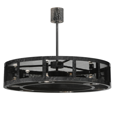 Front angled lit view showing glowing downlights and mesh frame.