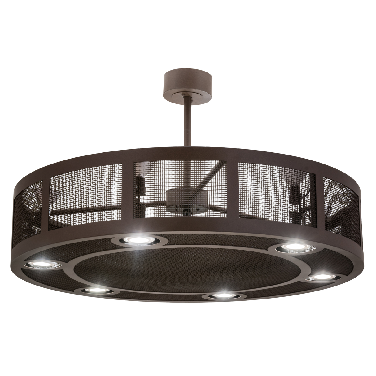 Front angle lit view of Paloma Golpe Chandel-Air with mesh frame and glowing downlights.