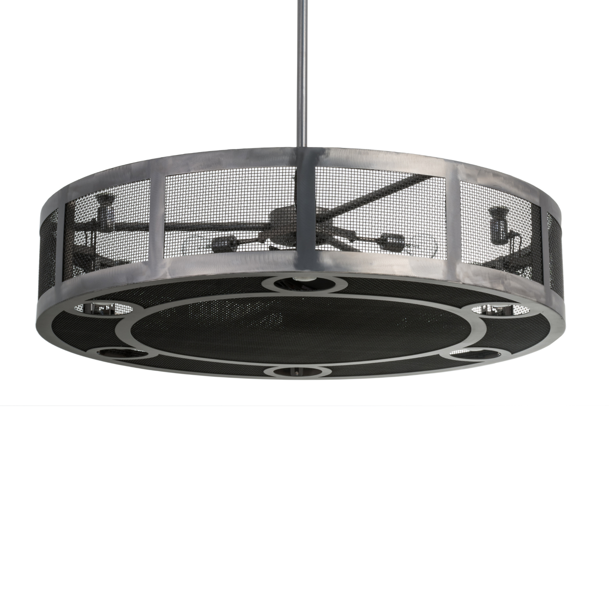 Front unlit view displaying matte steel mesh and modern cylindrical frame.