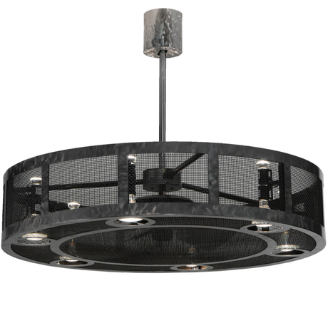 Front lit view showing six bright downlights and inner fan blades.