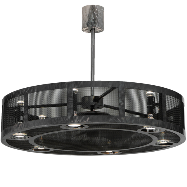 Front lit view showing six bright downlights and inner fan blades.
