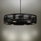 Illuminated Paloma Golpe Chandel-Air casting warm industrial glow on ceiling.