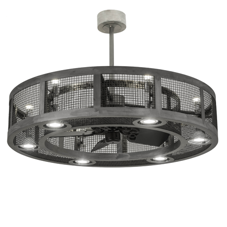 Industrial chandel-air with mesh frame illuminated at an angle.