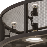 Closeup detail of mesh grid and light socket hardware finish.