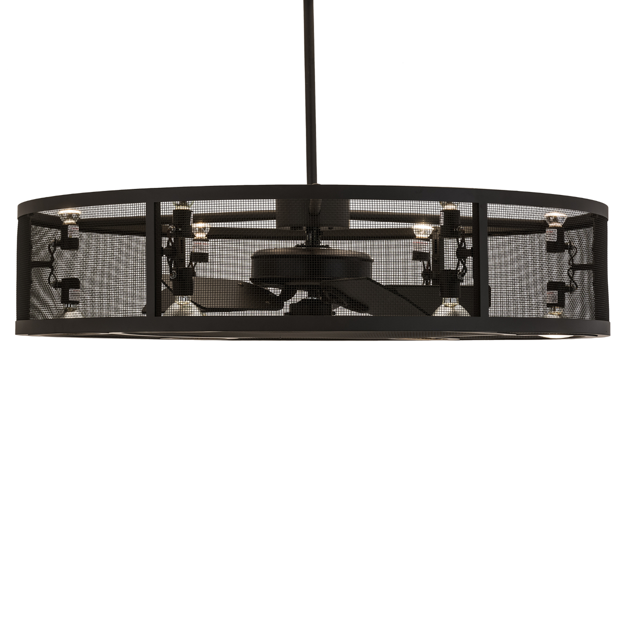 Side lit view displaying circular fan design within mesh diffuser.