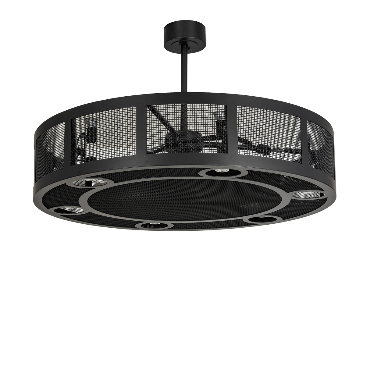 Side view of Paloma Golpe chandelier fan with mesh frame.