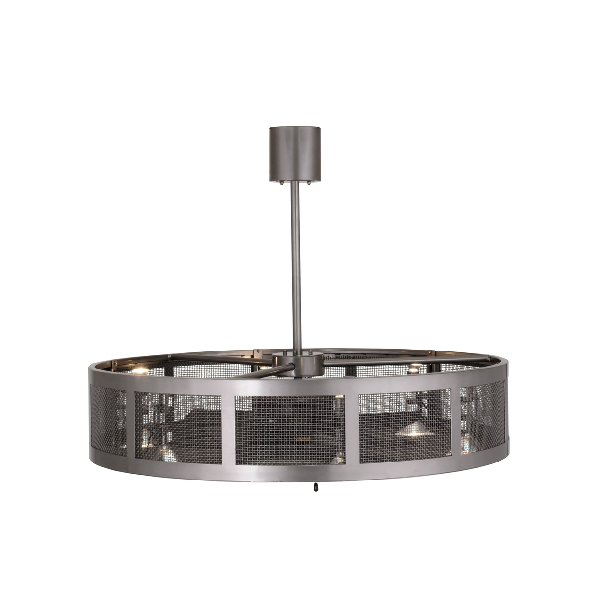 Side lit view revealing circular steel mesh frame and glowing LEDs.