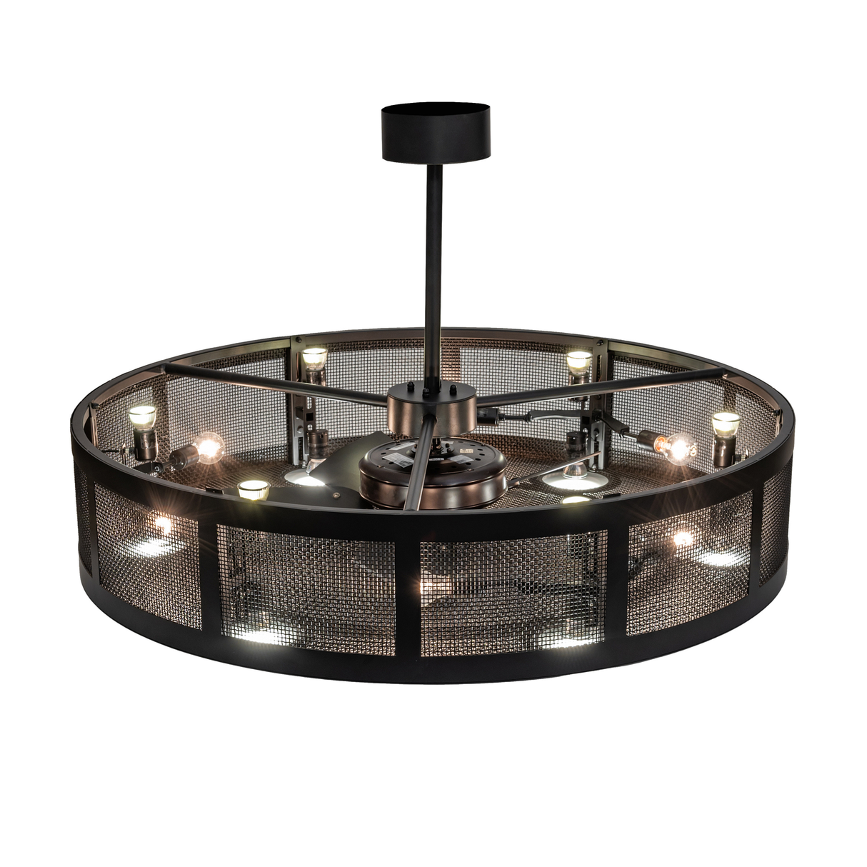Top angle of Paloma Golpe chandelier fan showing LED lighting.