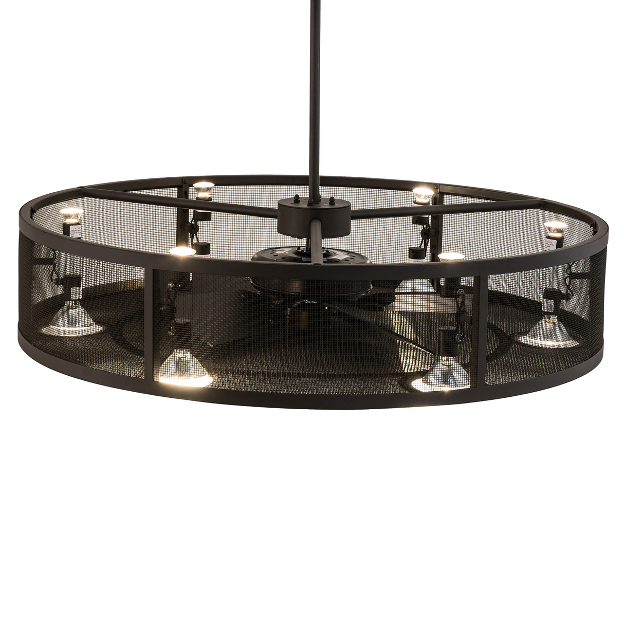 Top angled lit view showing uplights and mesh bronze structure.