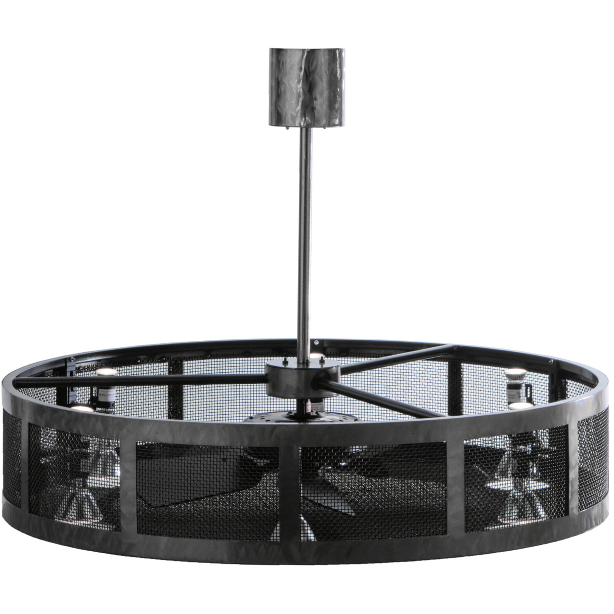 Top unlit view highlighting internal frame, fan hub, and bulb sockets.