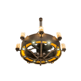 Bottom angled lit view revealing fan blades and amber diffuser ring.