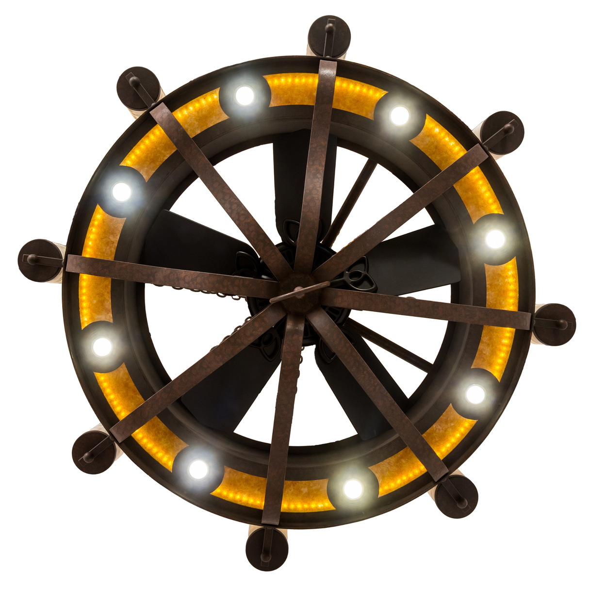 Bottom lit view showing circular fan blades and radiant light pattern.