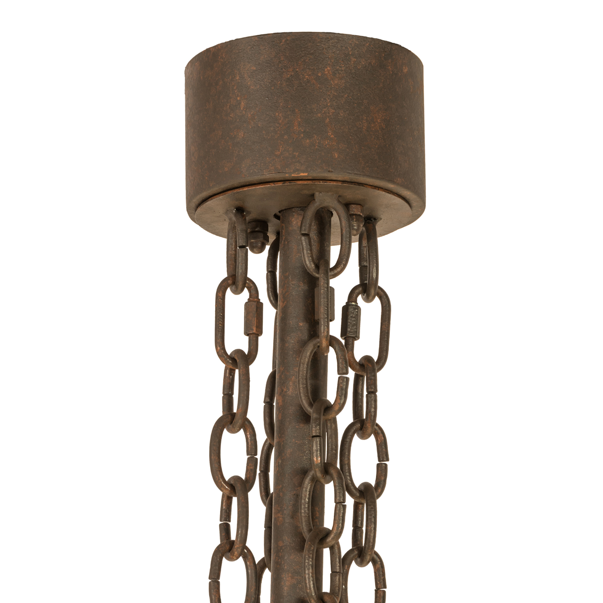 Close-up of canopy and hanging chains in aged rusty nail finish.