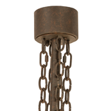Close-up of canopy and hanging chains in aged rusty nail finish.