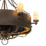 Angled detail view showing glowing jadestone glass and rustic iron frame.
