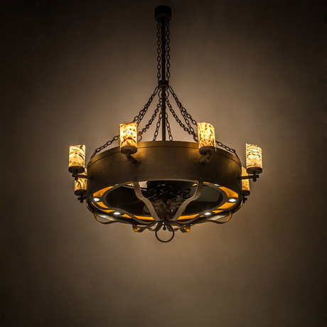 Angled lit view showing rustic ring frame and glowing jadestone cylinders.