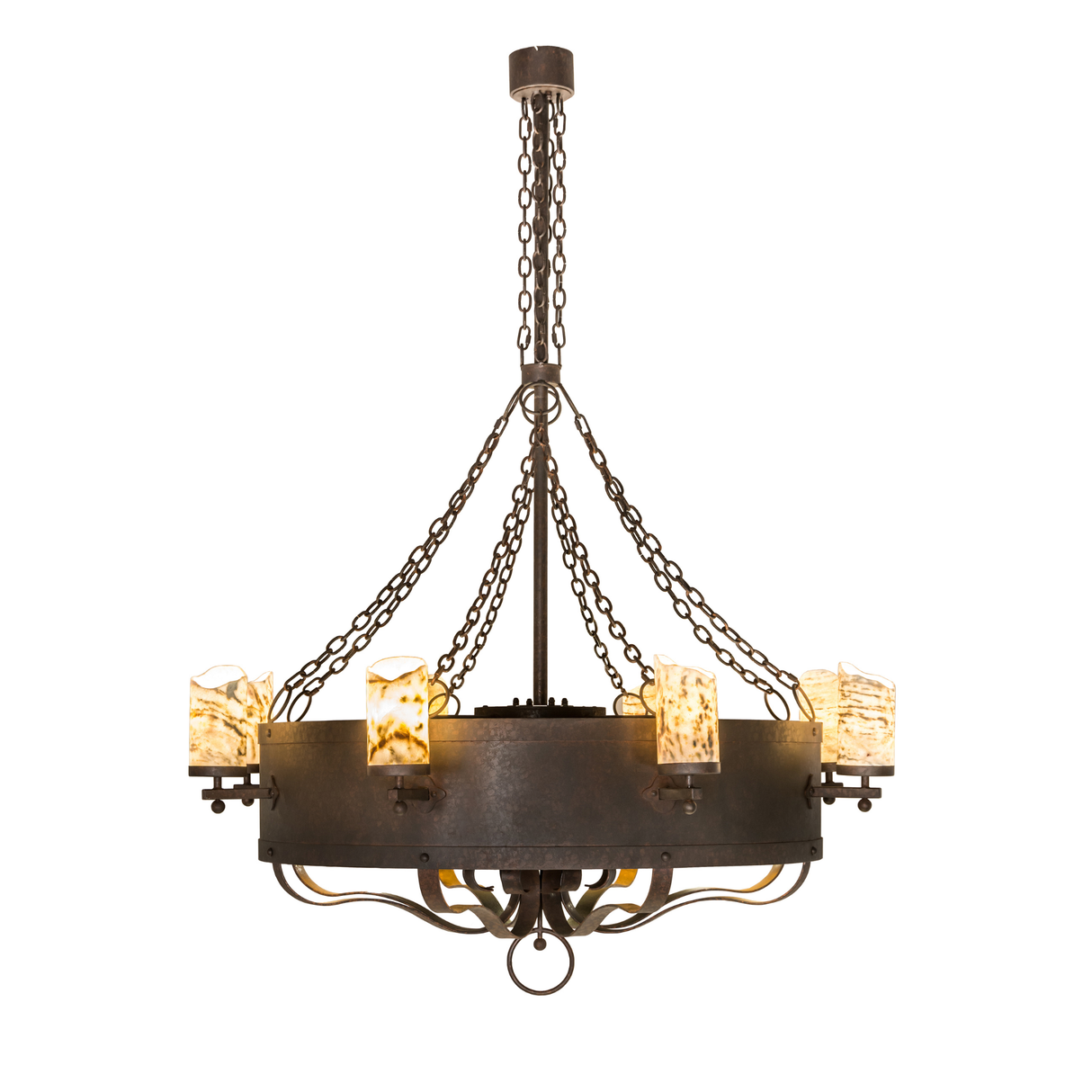Side lit view emphasizing multiple glowing jadestone glass shades.