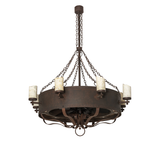 Unlit angled view highlighting rustic metal finish and decorative chains.