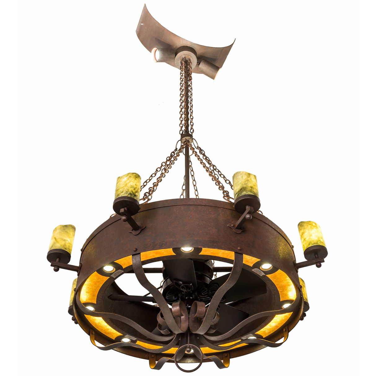 Bottom angled lit view showing fan assembly and amber diffuser ring.
