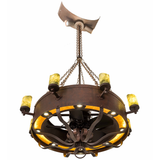 Bottom angled lit view showing fan assembly and amber diffuser ring.