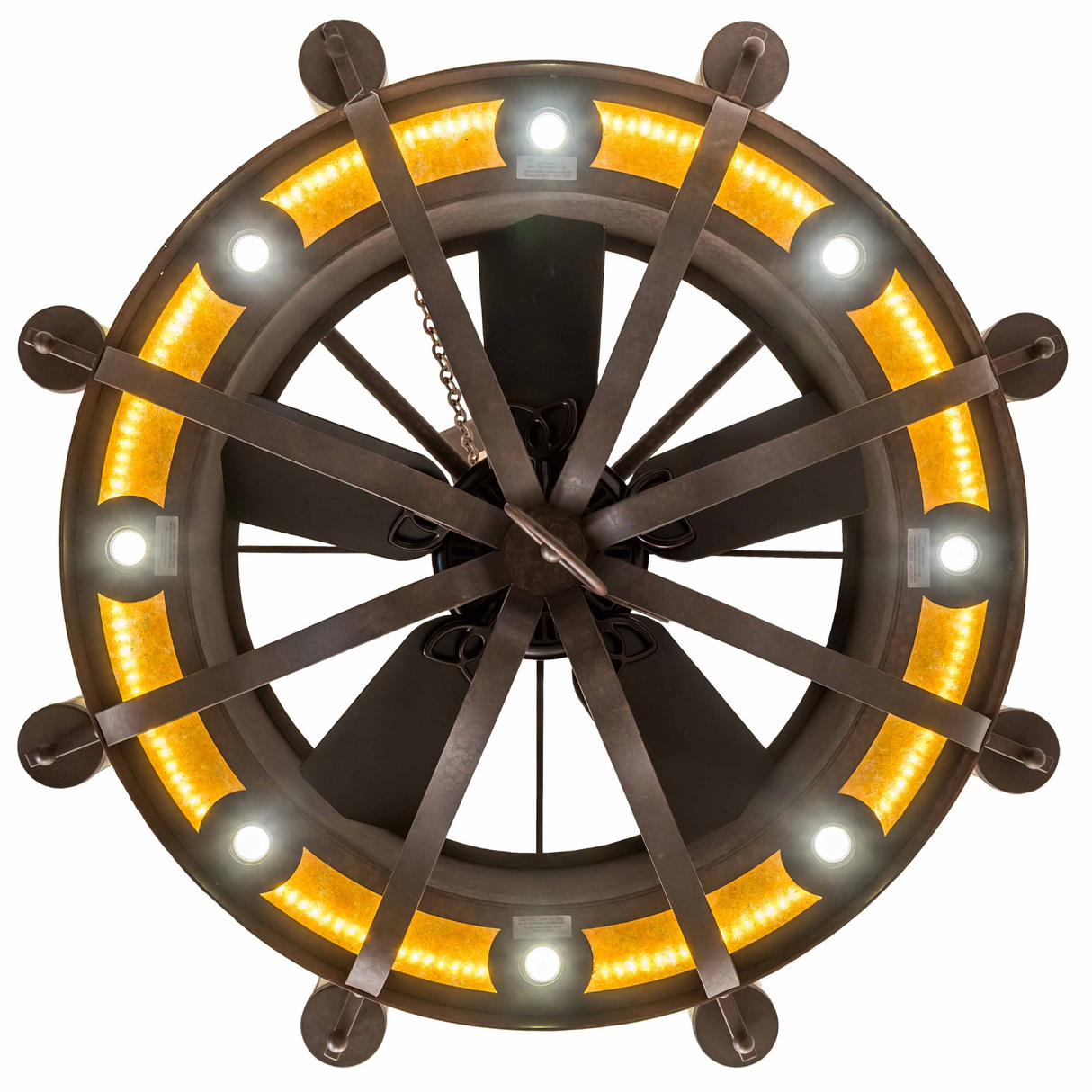 Bottom lit view emphasizing fan blades and circular lighting pattern.