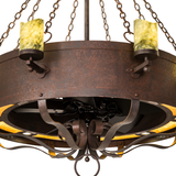 Close-up of jadestone shade and curved metal arms with rustic texture.