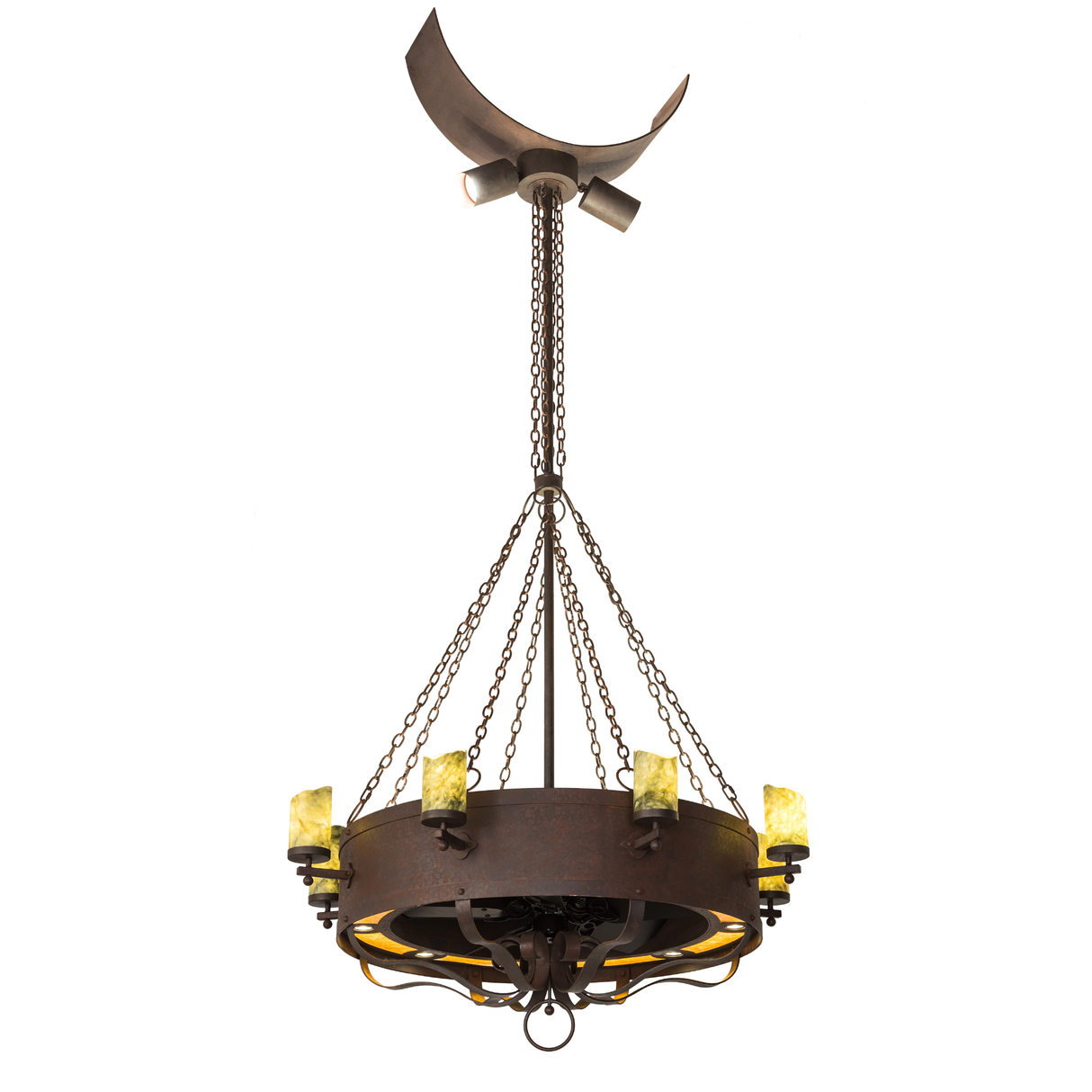 Lit angled view showcasing rustic ring frame and jadestone cylinders.