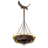 Lit angled view showcasing rustic ring frame and jadestone cylinders.