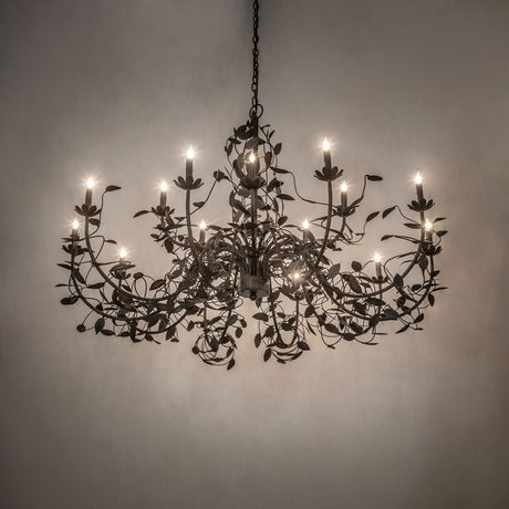 Ambient room view of Pear Leaf chandelier illuminated in oil rubbed bronze.