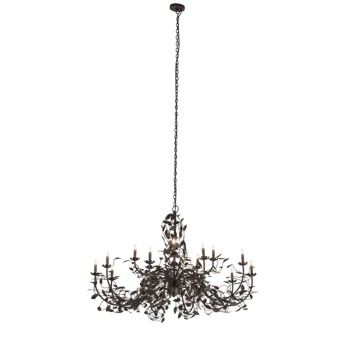 Full hanging view showing long chain drop and wide chandelier spread.
