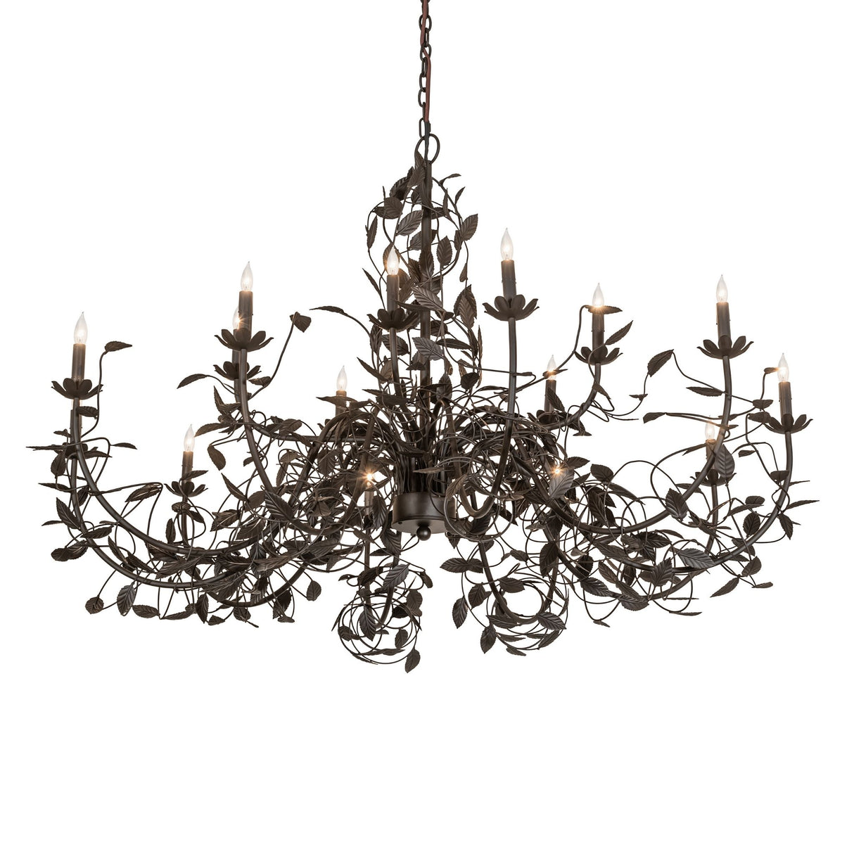 Pear Leaf 15-light chandelier lit, showing glowing faux candlelights.