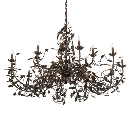 Pear Leaf 15-light chandelier lit, showing glowing faux candlelights.