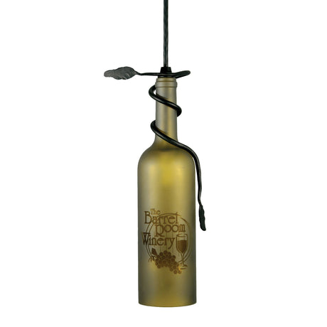 Etched wine bottle pendant featuring a grapevine design and custom personalization.