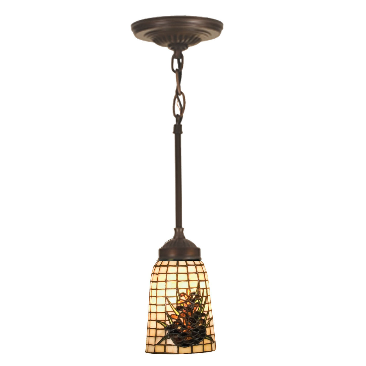 Elegant mini pendant light featuring a pine cone motif and Mahogany Bronze hardware.