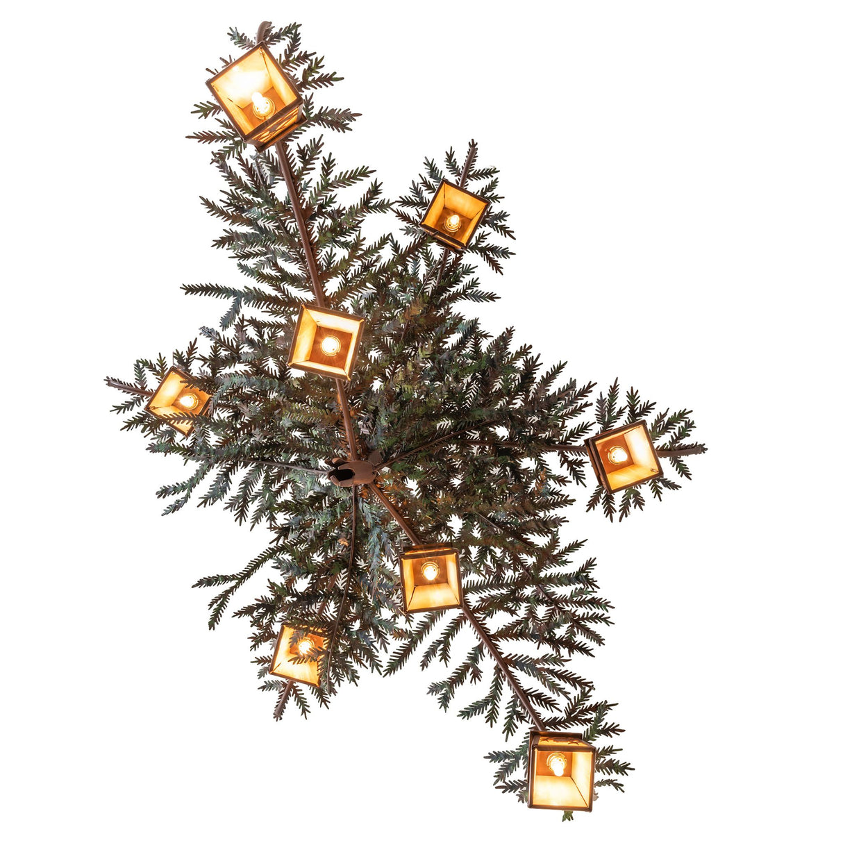 Direct bottom view of pine branch chandelier highlighting lantern bases and central branch structure.