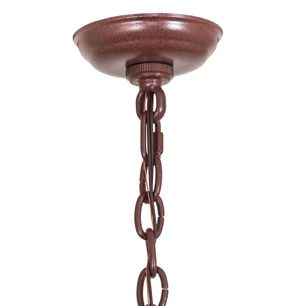 Ceiling canopy and chain detail of chandelier showing rustic finish and suspension hardware.