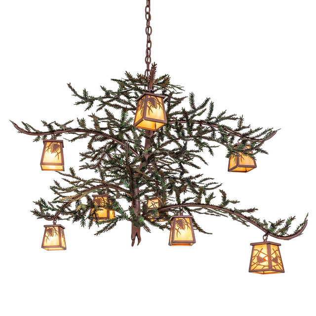 Pine branch chandelier fully lit, featuring glowing iridescent glass lanterns on rustic branch arms.