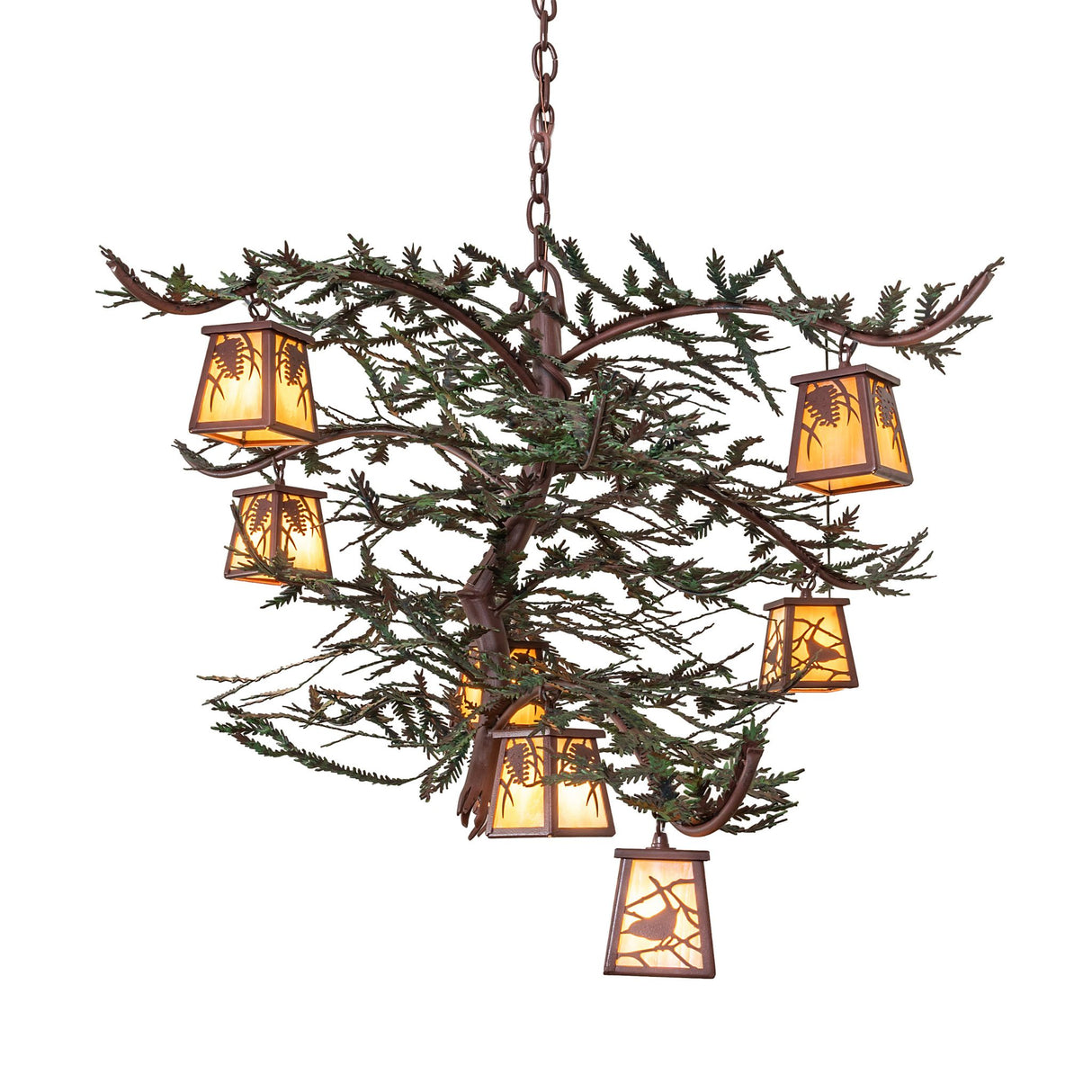 Side view of pine branch chandelier displaying curved branch arms and staggered lantern arrangement.