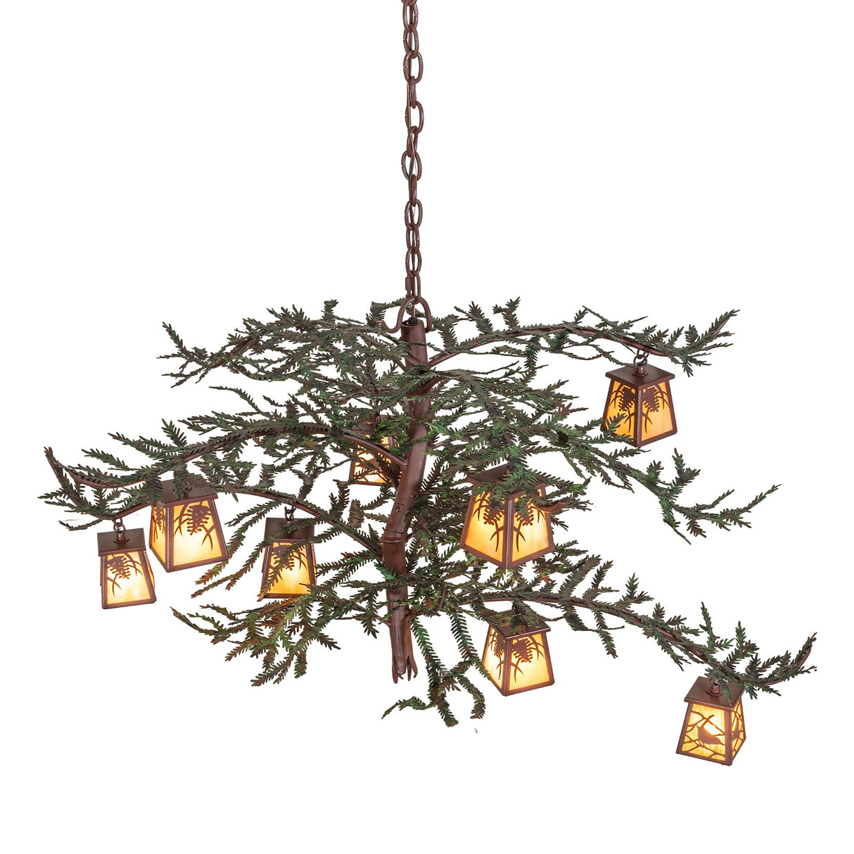 Top angle view highlighting layered branch arms and hanging lantern placement.
