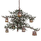 Unlit view of chandelier highlighting metal branch arms, pine needle accents, and lantern layout.