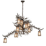 Lit view of chandelier with twelve lantern lights and pine needle accents.