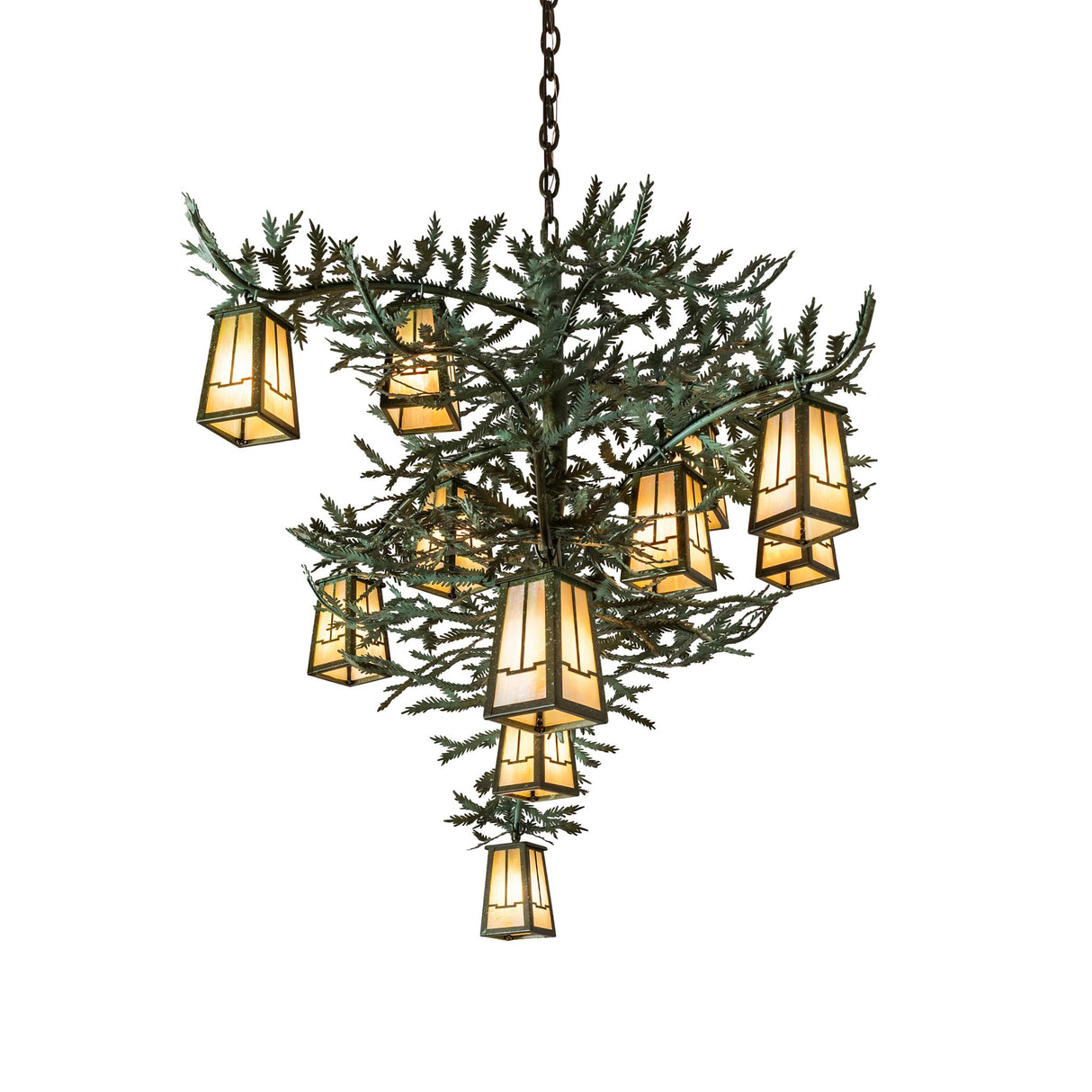 Angled view of the pine branch chandelier showing layered lanterns on sculpted branches.