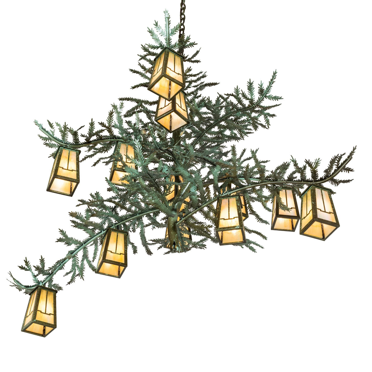Bottom angled view of the pine branch chandelier showcasing multiple hanging lanterns.