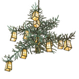 Bottom angled view of the pine branch chandelier showcasing multiple hanging lanterns.
